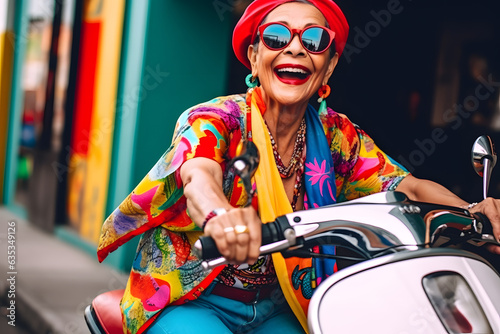 Amusing image of a senior Hispanic woman dressed in trendy urban fashion, confidently riding a vibrant scooter through the city streets, with a joyful expression on her face. Generative AI