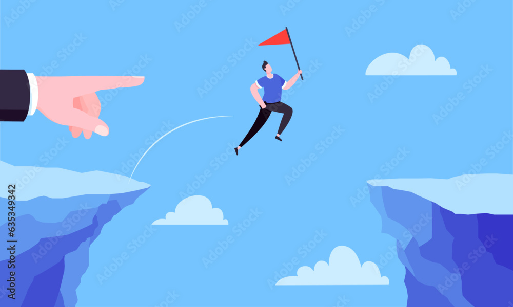 Fototapeta premium Businessman jumps over the abyss across the cliff flat style design vector illustration. Business concept of fearless businessman with huge courage. Risk, goal achievement, work obstacles and success.