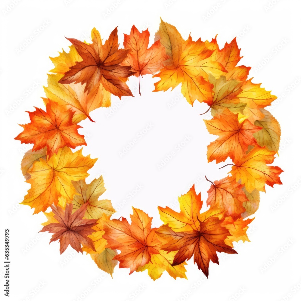 Round frame with orange and yellow maple leaves. Autumn wreath. Round frame with orange and yellow maple leaves. Autumn wreath.
