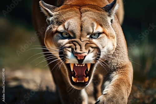 Roaring cougar or mountain lion hunts its prey photo