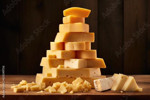 Different types of cheese on a wooden board photo