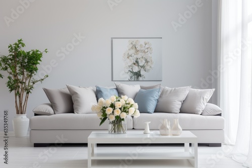 Modern white living room design with sofa and furniture with flowers.
