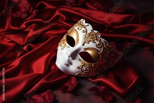 Venetian carnival mask with gold decorations on red background.