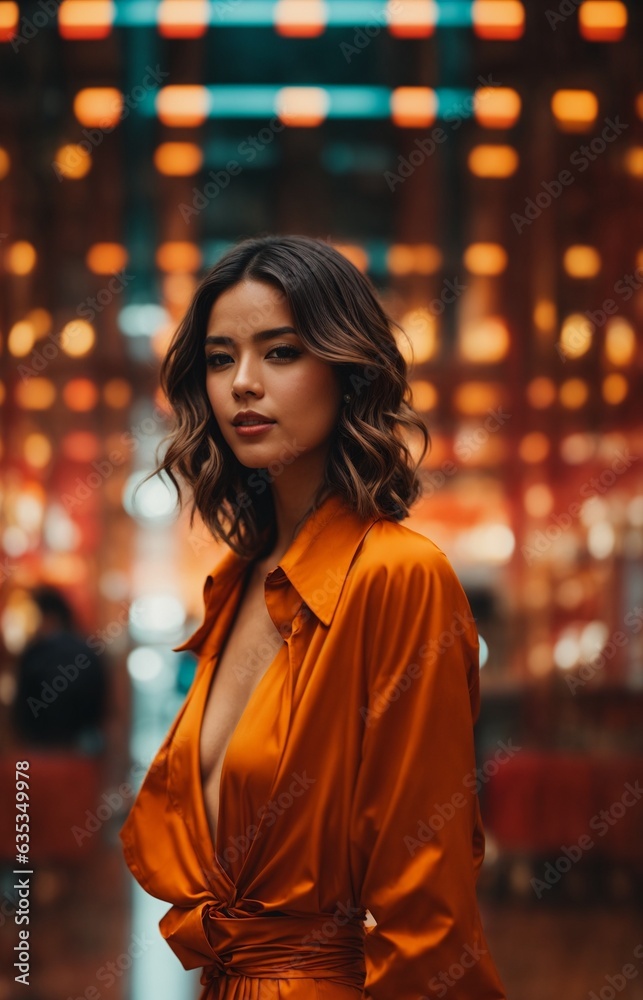 A woman in an elegant orange dress posing for a picture A woman in an elegant orange dress posing for a picture