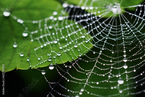 The spider web with dew drops, green leaves on the background © happy_finch