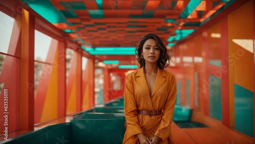 A woman in an orange dress standing in a hallway