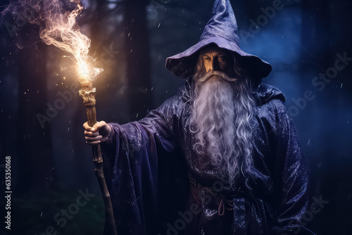 A man in a wizard costume conjuring dark forces with a magic wand photo