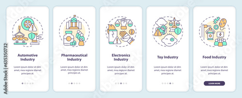 2D icons representing product liability mobile app screen set. Walkthrough 5 steps multicolor graphic instructions with thin line icons concept, UI, UX, GUI template.