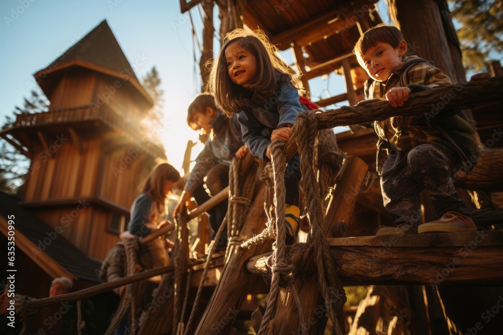 Kids Climbing A Treehouse Play Structure, Generative AI