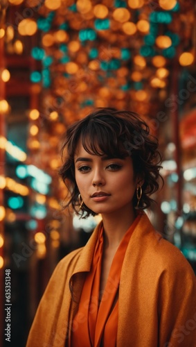 A woman in an orange shirt and gold earrings