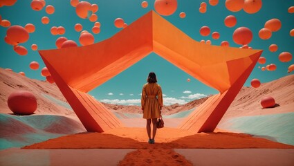 Crédence de cuisine Rouge A woman in a vibrant yellow dress standing in a dreamlike and surreal landscape  © Usman