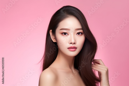 Close-up portrait of young asian beauty woman with curly hair. Rose or pink background.