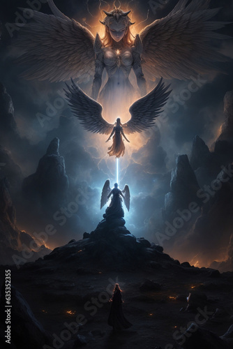 3d illustration of an angel with wings and a fire in the background.