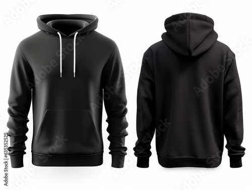 Black pullover hoodie front and back view isolated on white background.