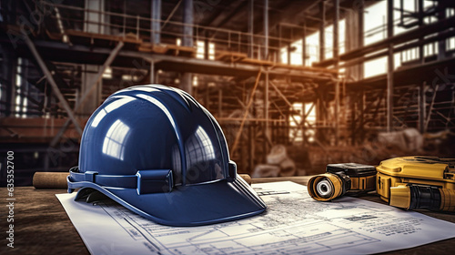 blueprints and safety helmet and computer in construction site