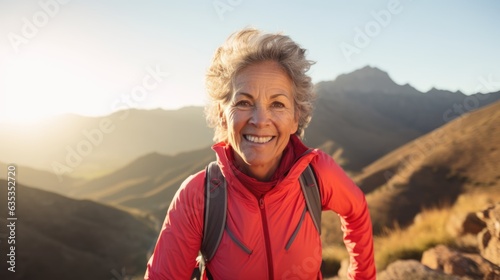A happy senior trail runner is running at beautiful mountain range in the morning sunrise. 