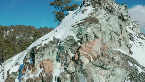 Drone flight over the winter mountains of Troodos