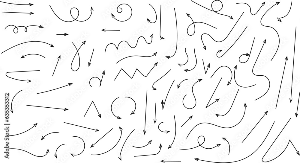 Vector hand drawn curved arrows. Doodle, sketch style. Vector illustration. Vector hand drawn curved arrows. Doodle, sketch style. Vector illustration.