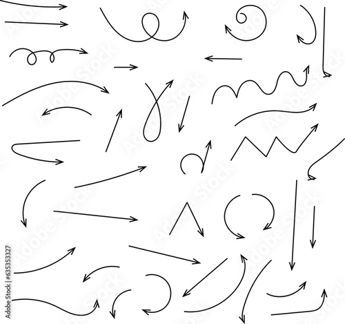 Vector hand drawn curved arrows. Doodle, sketch style. Vector illustration.