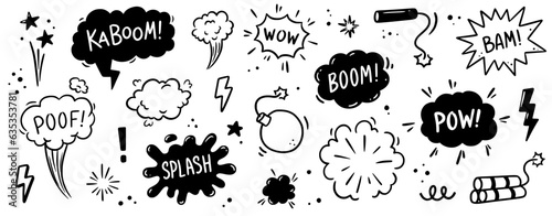 Comic bomb boom vector element. Hand drawn cartoon explosion bomb effect, splash, exclamation smoke element. Doodle hand drawn text boom, pow, wow. Vector illustration.
