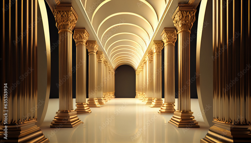  3d rendering gold corridor pillars background render, background with columns, Ai generated image 