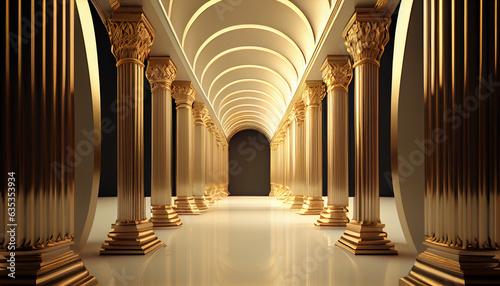 Print op canvas 3d rendering gold corridor pillars background render, background with columns,