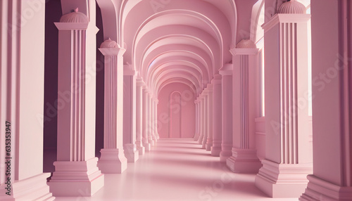  3d rendering pink corridor pillars background render  columns on a pink background  corridor with columns  Ai generated image   