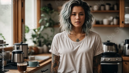 A mature woman with grey hair in a modern kitchen