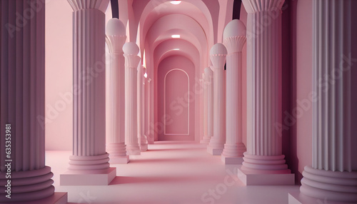  3d rendering pink corridor pillars background render, columns on a pink background, corridor with columns, Ai generated image 