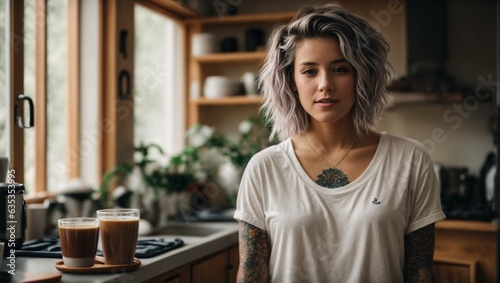 A woman standing in a kitchen with a cup of coffee