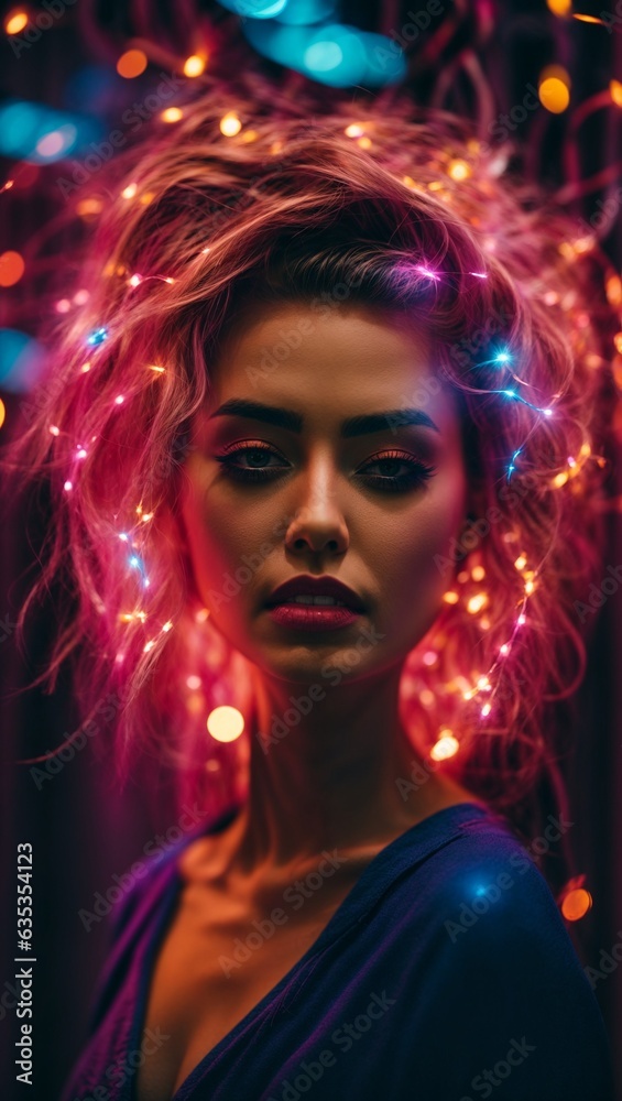 A woman with illuminated hair in a mesmerizing display of lights A woman with illuminated hair in a mesmerizing display of lights