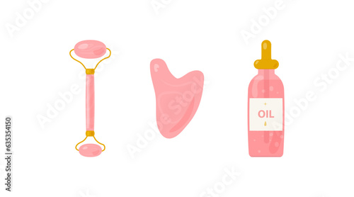 Flat quartz facial massage roller with pink stone and gua che scraper. Isolated on white background, skin care products, beauty and spa treatments, morning routine, facelift. Vector set eps 10.