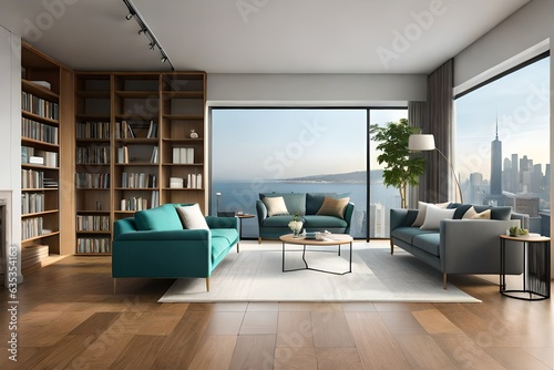 modern living room with book shelves © Pretty Panda