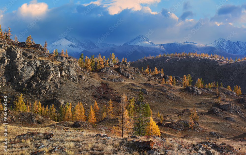 Autumn view, dramatic sunset sky, snow in the mountains, rocky slopes with a forest