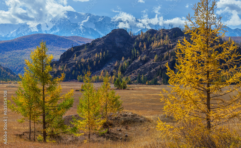 Autumn view, mountain landscape, sunny day