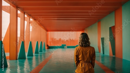 A person standing in a hallway with vibrant orange and blue columns