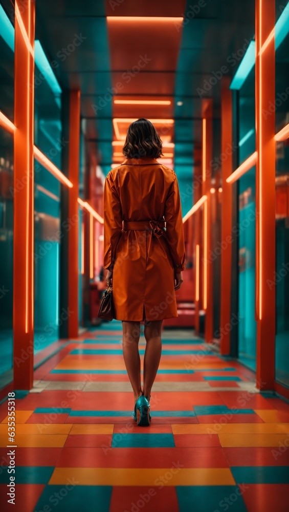 A woman in an orange trench coat walking down a hallway