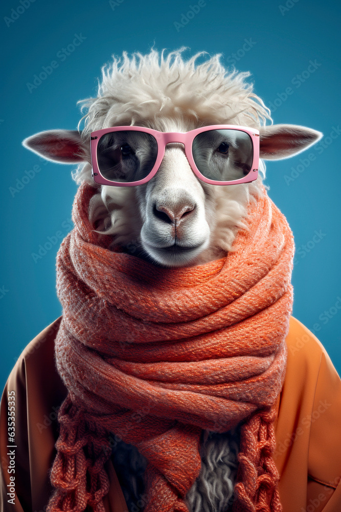 Funny sheep wearing sunglasses and scarf. Isolated on blue background.