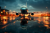 Airplane in the airport at sunset. Travel and tourism concept.