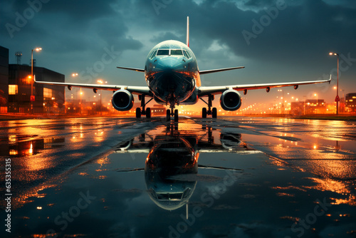 Airplane in the airport at sunset. Travel and tourism concept.