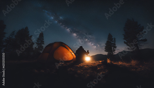 person camping in a tent, starry heaven, milkyway