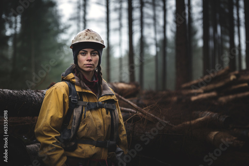 A stoic female logger looking at the lens intensely