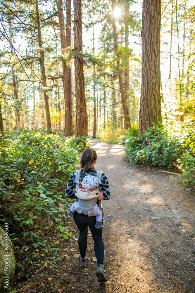 Rear view of mother carrying toddler, hiking in forest Rear view of mother carrying toddler, hiking in forest