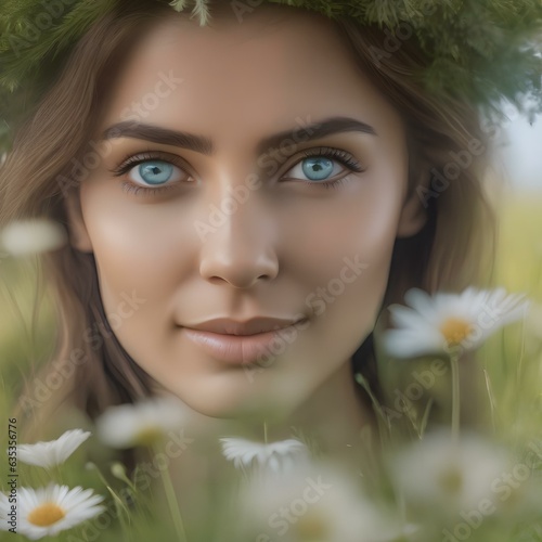 A portrait of a person with eyes that hold the calming essence of a serene meadow, evoking peace1 photo