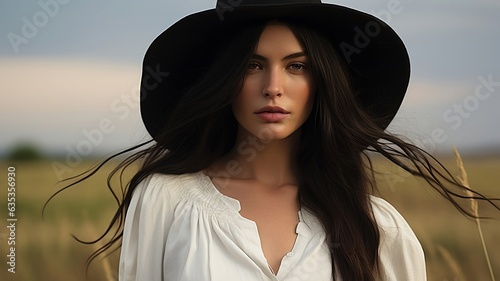 Attractive woman in hat and white shirt
