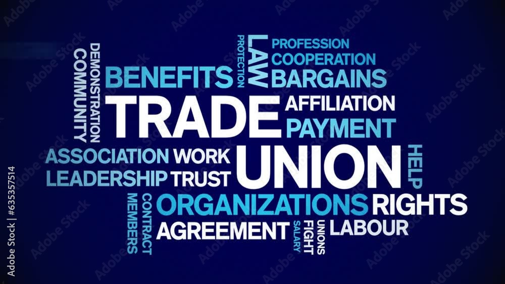 Trade Union animated tag word cloud;text design animation kinetic typography seamless loop.