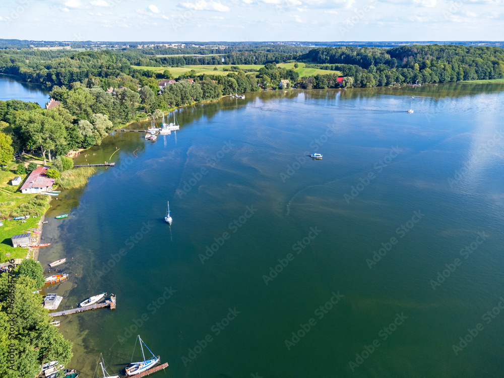 Aerial view landscape, view of the lake , forests, park, moored boats.