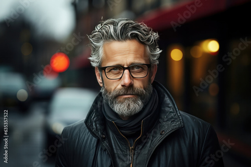 Portrait of a bearded middle-aged man in a black leather jacket and glasses on a city street. Generative AI