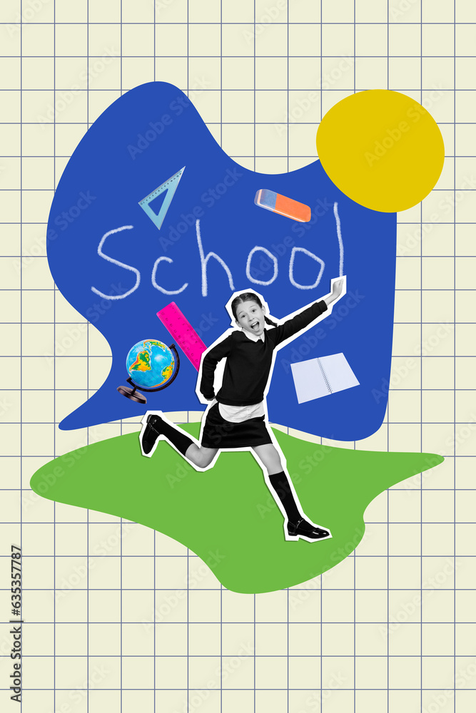 Φωτογραφία Vertical collage picture of excited mini black white colors girl jumping school