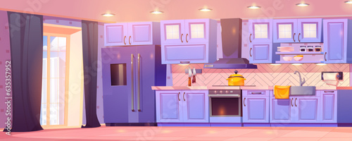Home kitchen interior design cartoon illustration with cozy modern furniture. Pot on stove, knife on wall and kitchenware in cupboard. City view from window with curtain and sunlight in empty room
